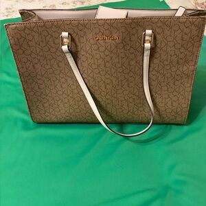 Calvin Klein Brown Logo Tote with White Trim and Gold Hardware